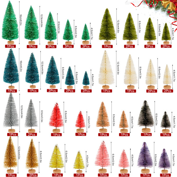 ONESING 50 Pcs Mini Xmas Tree, Bottle Brush Trees with Wooden Base Artificial Small Christmas Pine Tree 5 Sizes Tiny Pine Tree Christmas Sisal Snow Trees for Home Tabletop Christmas Decorations