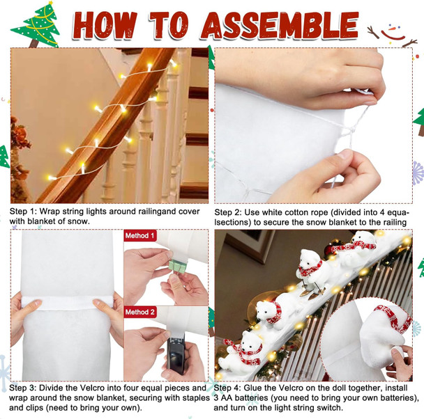 Polar Bear Christmas Staircase Decorations Set Banister Christmas Decorations with 4PCS Skiing Polar Bears & Artificial Snow & LED Lamp Belt, for Home Interior Christmas Stairs Decorations