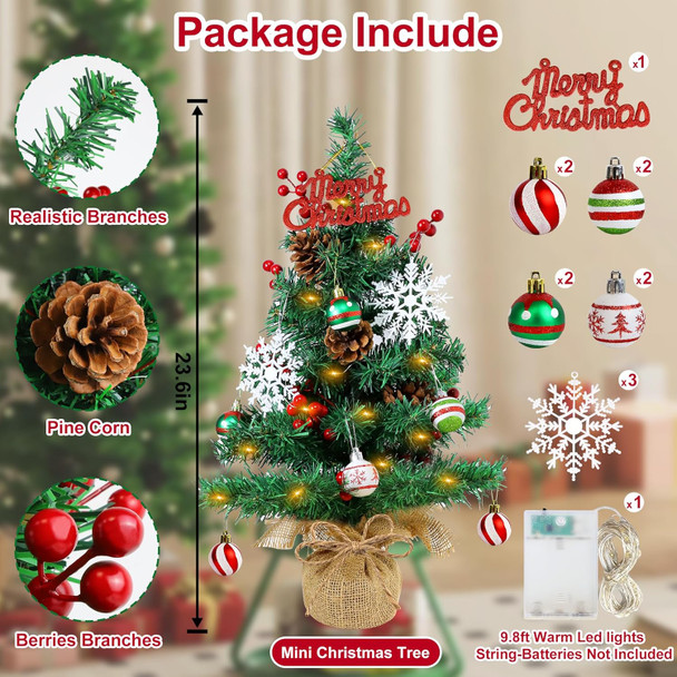 23.6" Mini Christmas Tree Table Top Lighted Artificial Xmas Tree Rustic Burlap Base - Small Tabletop Christmas Tree with Red Berries Stem Snowflake Christmas Ball Ornaments for Xmas DIY Decorations