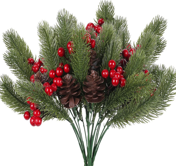 4pcs Artificial Christmas Picks Pine Branches Picks Spray with Red Berry Stem Pine Cones for Crafts Christmas Floral Arrangement Christmas Tree Ornaments Winter Holiday Season Decor