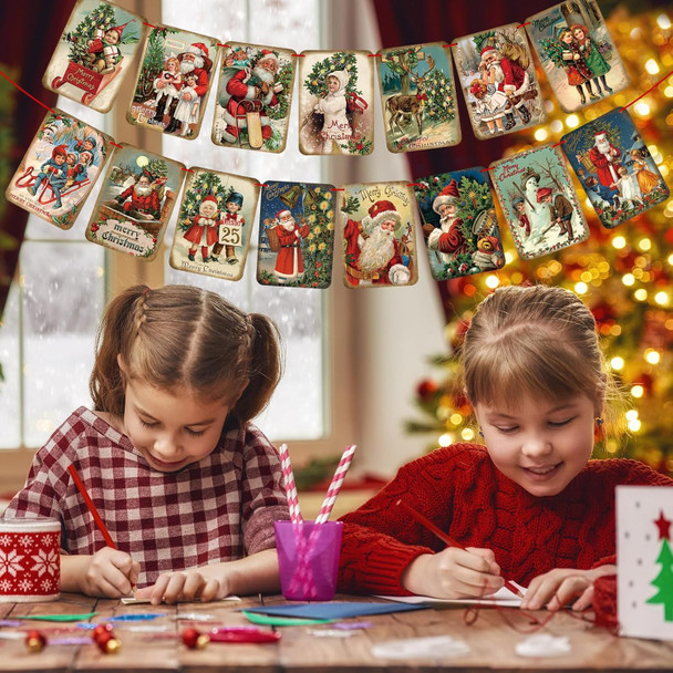 15 Pcs Christmas Vintage Style Hanging Banner Victorian Christmas Ornaments Garland Decorations with Red Ribbon Traditional Xmas Santa Bunting Decor for Home Office Party Fireplace Mantle