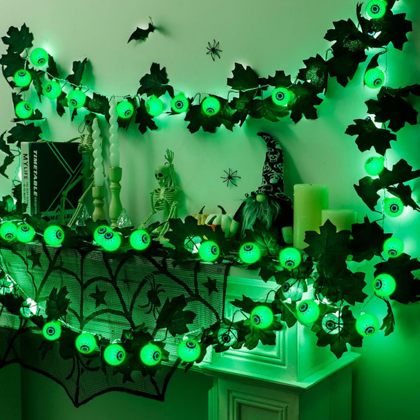 Ouddy Decor Lighted Halloween Garland, Total 10 FT 30 LED Black Maple Leaves Garland with Eyeballs Lights Waterproof Timer Battery Operated for Indoor Outdoor Home Halloween Decorations, Green