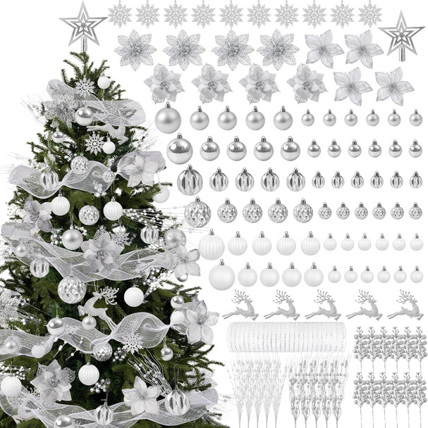 Ouddy Decor 103 Pcs Christmas Tree Decorations Set, Assorted Shatterproof Silver Christmas Ball Ornaments Christmas Metallic Mesh Ribbon Poinsettia Berries for Christmas Tree Holiday Decor, Silver