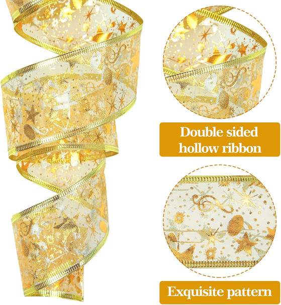 Ouddy Life 32ft Christmas Ribbon Fairy Lights, 100 LED Lights Gold Ribbon for Christmas Tree Wired Double Layer Mesh, Outdoor Indoor Year Holiday Christmas Tree Decorations Wrapping Xmas Garland