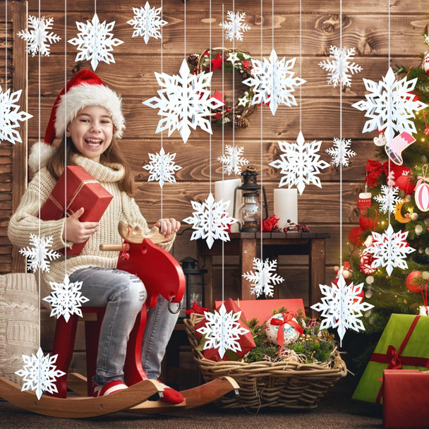 Ouddy Life Christmas Hanging Snowflake Decorations, 3D Large Paper Snowflakes Ornaments with Snowflakes Garland for Christmas Winter Wonderland Home Tree Year Holiday Party Decor (Pearl White)