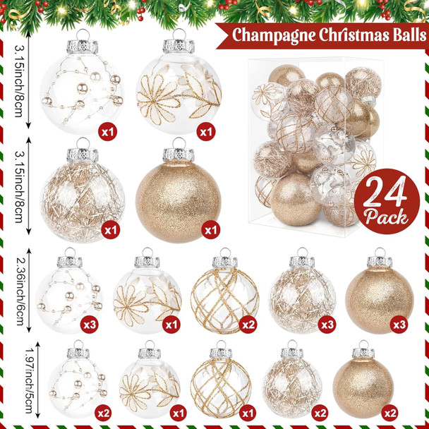 24 Pcs Champagne Christmas Ornaments, Clear Farmhouse Rustic Christmas Ornaments Hanging Christmas Tree Decorations, Holiday Christmas Ball for Xmas Party Home Decor