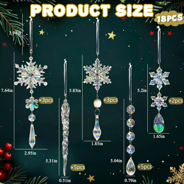 Christmas Tree Decorations Crystal Ornaments - 18pcs Iridescent Christmas Ornaments Acrylic Snowflakes Icicle Drop Crystal Hanging Ornaments for Christmas Tree Winter Holiday Frozen Party Decorations