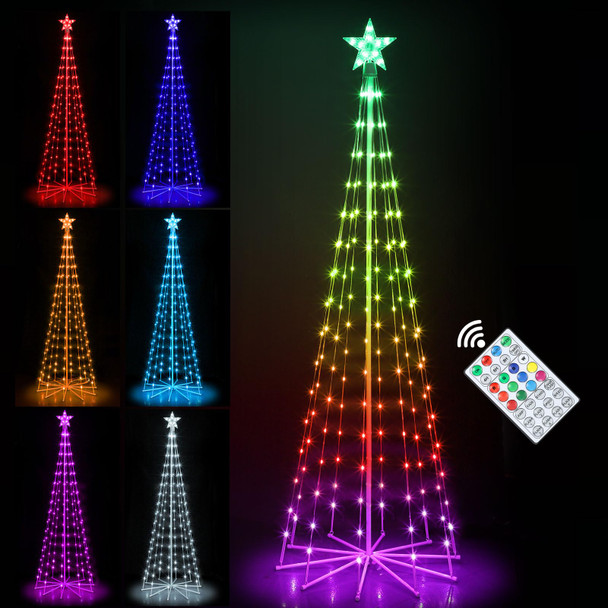 OUSHENG Multicolor LED Outdoor Christmas Tree Light Show Decorations, 34 Animated Modes Outside Lighted Cone Xmas Decor with Star Toppers Remote for Yard Porch Backyard Patio, 6ft