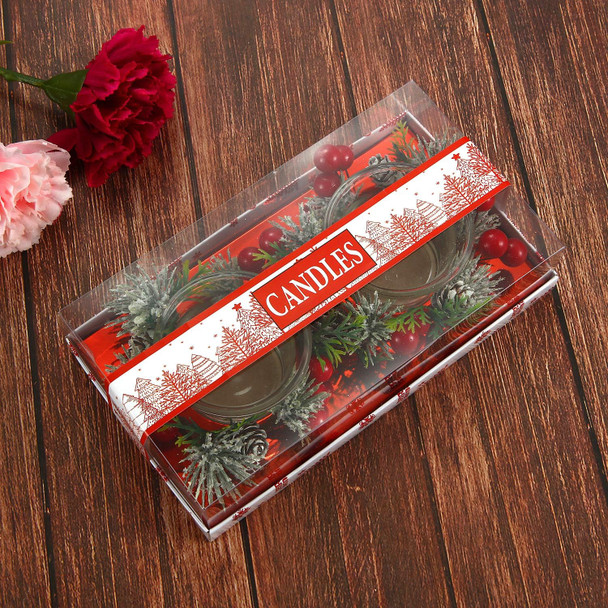 Christmas Votive Candle Holders with Snowy Pinecone Berry Candle Ring, Decorative Glass Tealight Candle Holder Set of 2 for Home, Wedding, Living Room and Bedroom Decor(Exclude Candles)