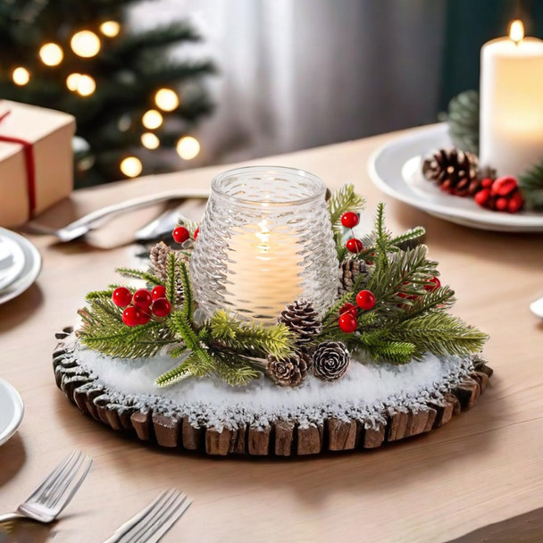 Christmas Candle Holder with Wreath Candle Rings, Christmas Centerpieces with Artificial Snowy Pine Cones and Berries for Home Dining Table Decoration