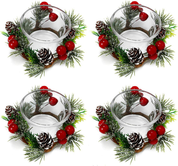 Christmas Votive Candle Holders with Pinecone Berry Candle Wreath Ring, Decorative Glass Tealight Candle Holder Set of 4 for Home, Wedding, Living Room and Bedroom Decor(Exclude Candles)
