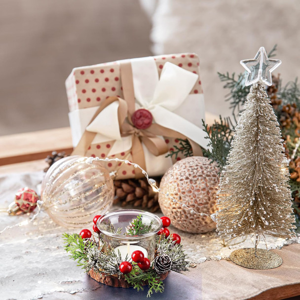 Christmas Votive Candle Holders with Pinecone Berry Candle Wreath Ring, Decorative Glass Tealight Candle Holder Set of 4 for Home, Wedding, Living Room and Bedroom Decor(Exclude Candles)