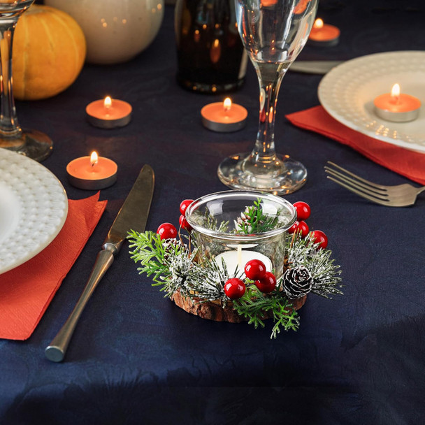 Christmas Votive Candle Holders with Pinecone Berry Candle Wreath Ring, Decorative Glass Tealight Candle Holder Set of 4 for Home, Wedding, Living Room and Bedroom Decor(Exclude Candles)