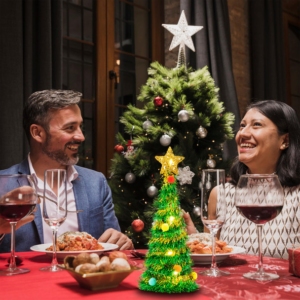 Small Christmas Tree with Lights - Lighted Christmas Table Decorations with Star Topper - Battery Operated Colorful Tinsel Christmas Tree Centerpiece for Table Top Décor
