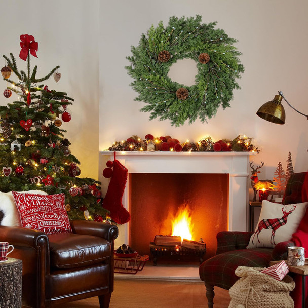 24 Inch Christmas Wreaths for Front Door - Artificial Green Cedar Garland with Pine Cones and Berry, Christmas Wreath for Holiday Decoration Indoor Outdoor Home Decoration