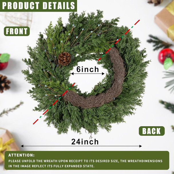 24 Inch Christmas Wreaths for Front Door - Artificial Green Cedar Garland with Pine Cones and Berry, Christmas Wreath for Holiday Decoration Indoor Outdoor Home Decoration
