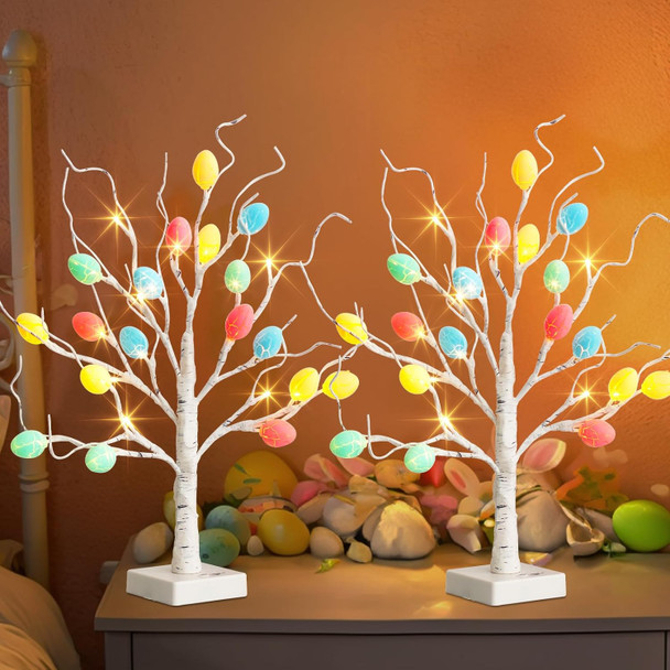 Easter Decorations, PABIPABI Easter Egg Tree Lights, Set of 2 Lighted Easter Tree with Color Cracked Egg Ornaments, USB/Battery Operated Timer Display Tree Lights for Easter Home Indoor Decor