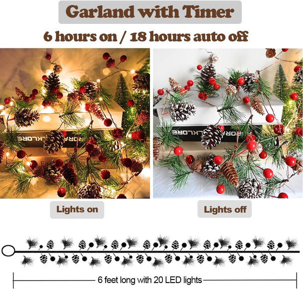 Garland with Lights Christmas Pine Garlands 13 Feet 40 LED Battery Operated Garland with Red Berry and Led Lights Xmas Tree Garland Berry Lights Holiday Light for Home Windows Fireplace Stairs