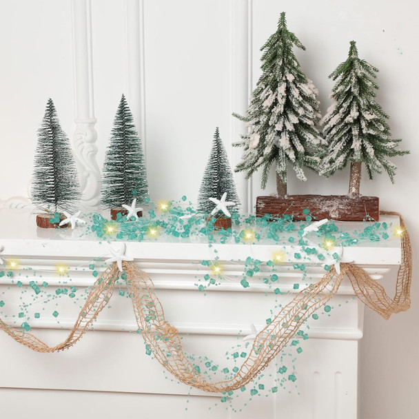 20 Feet Beach Decor Set Diamond Beaded Starfish Garland Christmas Decoration Natural Fish Net Coastal Beach Garland with White Starfish for Xmas Tree Wedding Supplies (Starfish and Light String)