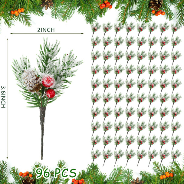 Red Berry Stems Pine Branches with Snow Artificial Christmas Picks Floral Pine Cones Faux Stems Spray Christmas Tree Picks Artificial Pine Branches Holly Pine Sprigs for Crafts (Fresh,96 Pcs)