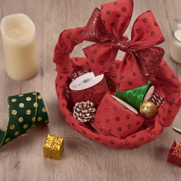 4 Rolls 32 yd Red Green Glitter Christmas Wired Ribbon Set, 2.5 inch x 8yd Polka Dot Satin Burlap Ribbon for Xmas Tree Décor, Wrap Box, Bow, Wreath, Garland, Floral DIY Craft