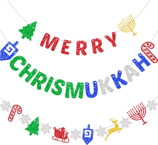 Merry Chrismukkah Banner Glitter Christmas Hanukkah Mixed Banner Christmas Banner Hanukkah Banner Decor Party Decorations Chanukah Festival Party Supplies