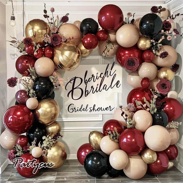 Burgundy Black Balloon Garland Double Stuffed Nude Maroon Gold Balloon Dark Red Apricot Balloon Arch Kit for Birthday Anniversary Halloween Christmas Party Decoration