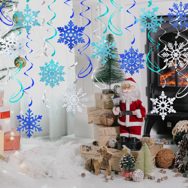 36 Pcs Glitter Snowflake Hanging Swirls Decoration - Christmas Holiday Ceiling Decorative Streamers Blue Teal Silver Snowflake Ornaments Garland for Winter Wonderland Frozen Party Supplies