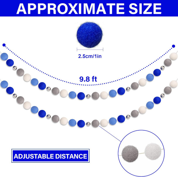 Hanukkah Pom Pom Garlands - Hanukkah Decorations - Chanukah Blue Dark Blue Grey Silver Bead White Felt Ball Garlands for Home Tree Mantle - Chanukah Jewish Party Indoor Outdoor Hanging Decor