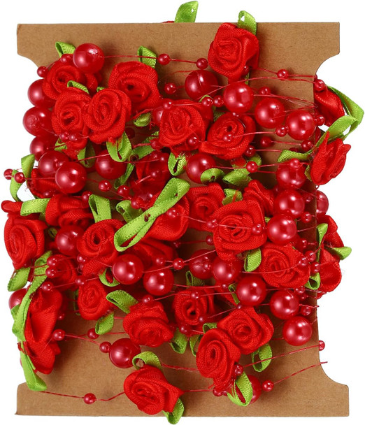 PATIKIL Rose Pearl String Beads, 16.4 Ft Artificial Pearl Wire Garland for Christmas Party DIY Craft Home Wedding Decorative, Red