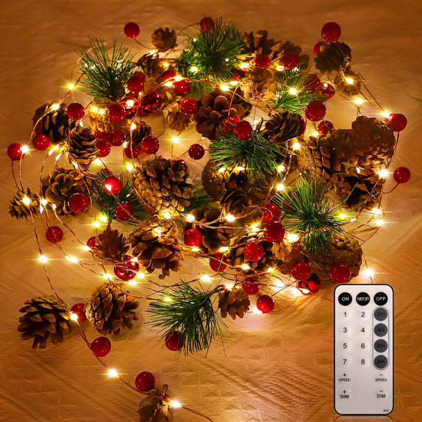 Christmas Garland with Lights, 60 LED 9.8 Ft Garland Pine Cones Red Berry String Light, 8 Modes Battery Operated Lighted with Remote&Timer for Mantle, Entryway, Christmas Home Decorations
