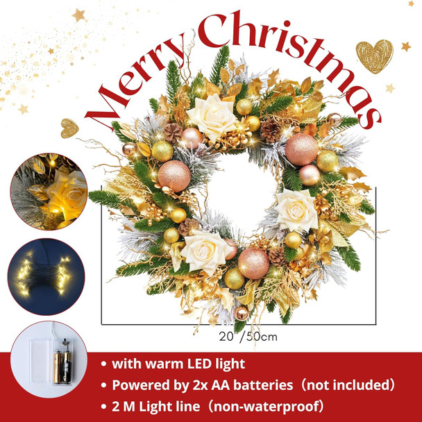 Perfnique 20'' Christmas Wreath for Front Door with Lights, Outdoor Winter Wreath with Champagne Gold Rose and Ball Ornaments, Indoor Artificial Wreath for Wall Window Mantle Home Holiday Decor(Gold)