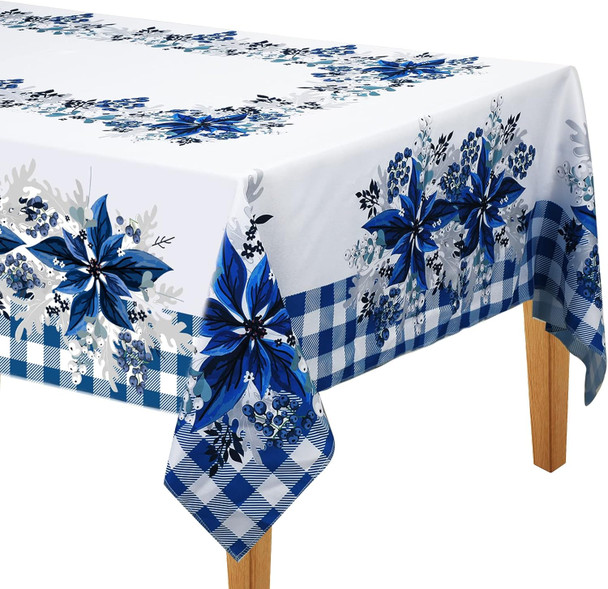 Peryiter Blue and White Christmas Tablecloth Blue Poinsettia Christmas Tablecloth Decorations Winter Reusable Xmas Plaid Bordered Fabric Table Cloth for Christmas Party(60 x 102 Inch)