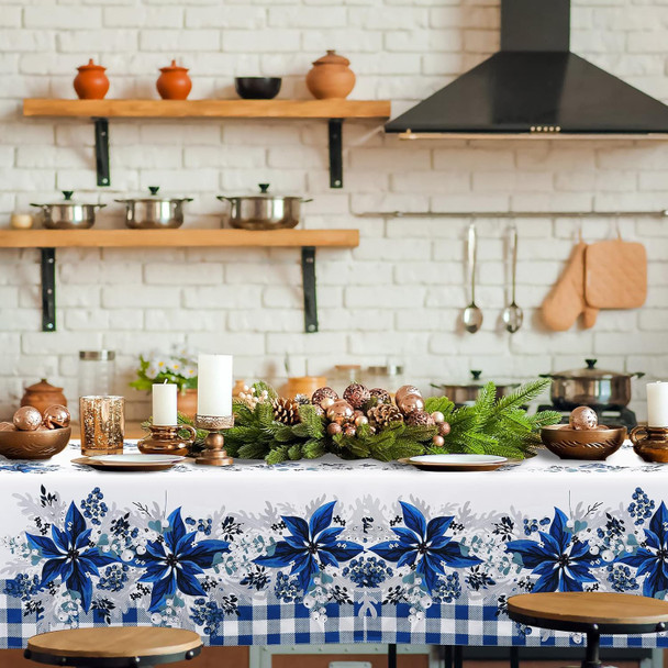 Peryiter Blue and White Christmas Tablecloth Blue Poinsettia Christmas Tablecloth Decorations Winter Reusable Xmas Plaid Bordered Fabric Table Cloth for Christmas Party(60 x 102 Inch)