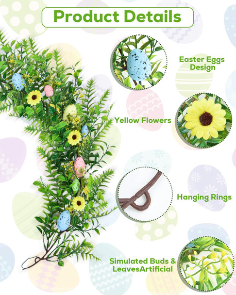 Christmas Decorations Garland, 180CM Easter Eggs Wreath, Artificial Spring Vine Garlands for Front Door Home Kitchen Fireplace Indoor Outdoor Holiday Party DIY Easter Decor