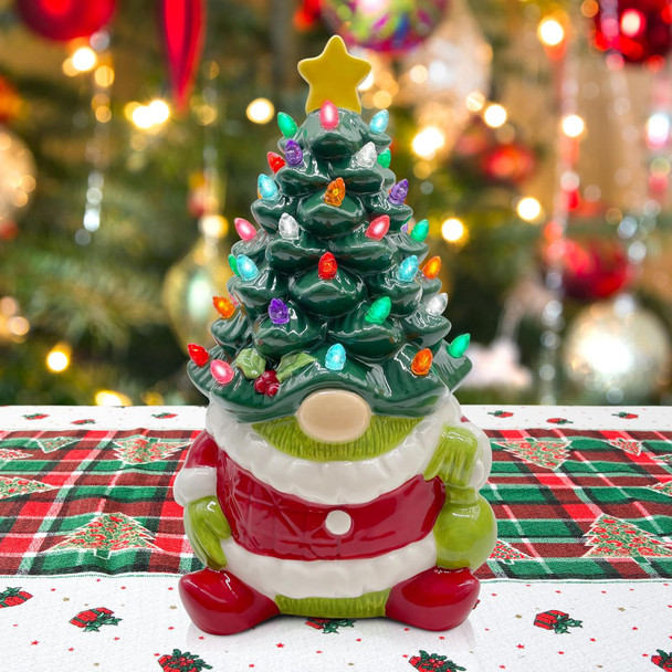 pinata Ceramic Christmas Tree Lighted, Christmas Gnome s for Women Men Kids, Light up Mantle Table Decor Christmas Decorations Indoor Green Gnome Table Centerpieces for Living Room