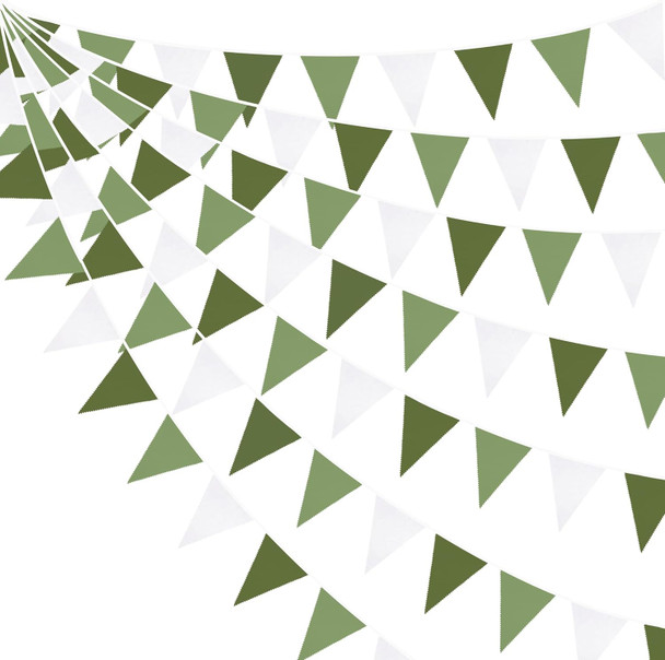 32Ft Olive Green Party Decorations Sage Green Triangle Flag Fabric Banner Pennant Garland Streamers for Birthday Wedding Woodland Baby Shower Jungle Safari Summer Golf Outdoor Party Decor