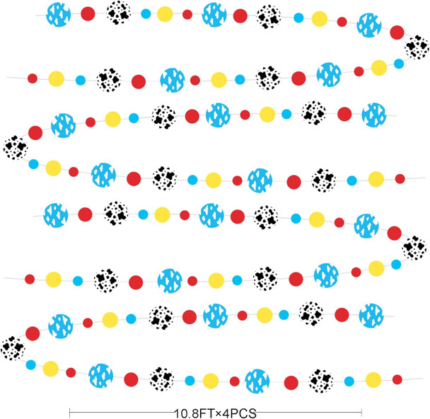 Cartoon Story Party Decorations Blue Yellow Red Circle Dot with Cloud and Cow Print Polka Dots Garland Streamer for Kids Birthday Baby Shower Toy and Story Carnival Theme Party Decorations Supplies