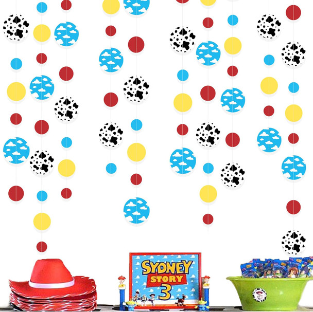 Cartoon Story Party Decorations Blue Yellow Red Circle Dot with Cloud and Cow Print Polka Dots Garland Streamer for Kids Birthday Baby Shower Toy and Story Carnival Theme Party Decorations Supplies