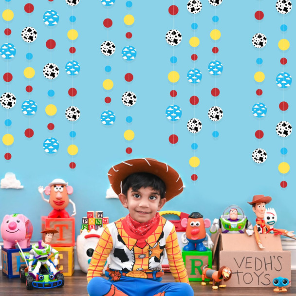 Cartoon Story Party Decorations Blue Yellow Red Circle Dot with Cloud and Cow Print Polka Dots Garland Streamer for Kids Birthday Baby Shower Toy and Story Carnival Theme Party Decorations Supplies