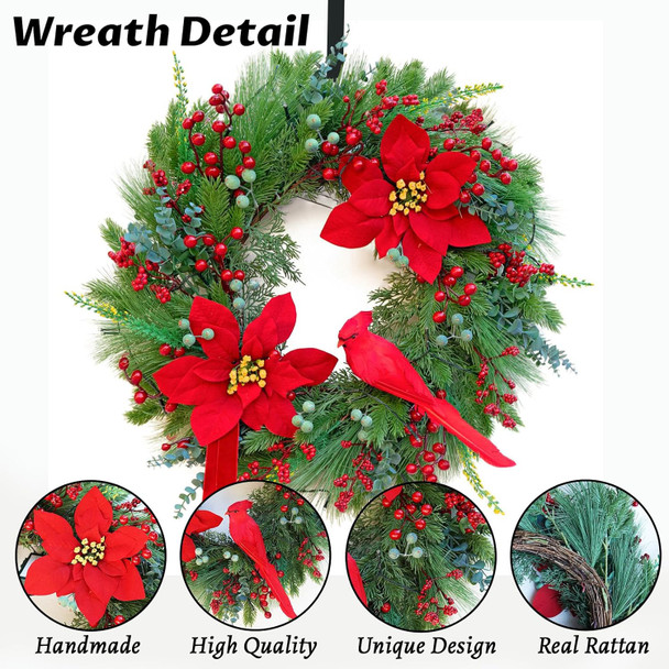 Pre-Lit Christmas Wreaths for Front Door 24 Inch Christmas Wreath with Lights,Large Winter Wreath with Cardinal Birds,Poinsettia,Green Evergreen Pine Needles Red Berries Holiday Wreath Decor Pre-Lit Christmas Wreaths for Front Door 24 Inch Christmas Wreath with Lights,Large Winter Wreath with Cardinal Birds,Poinsettia,Green Evergreen Pine Needles Red Berries Holiday Wreath Decor