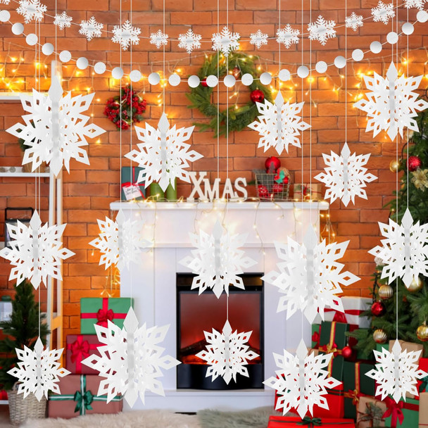 PLULON 18 Pcs 3D Christmas Snowflake Hanging Decorations Winter Wonderland Party Ornament White Snowflakes Garland Paper Snow Flakes Indoor for Christmas Year Baby Shower Birthday Home Decorations
