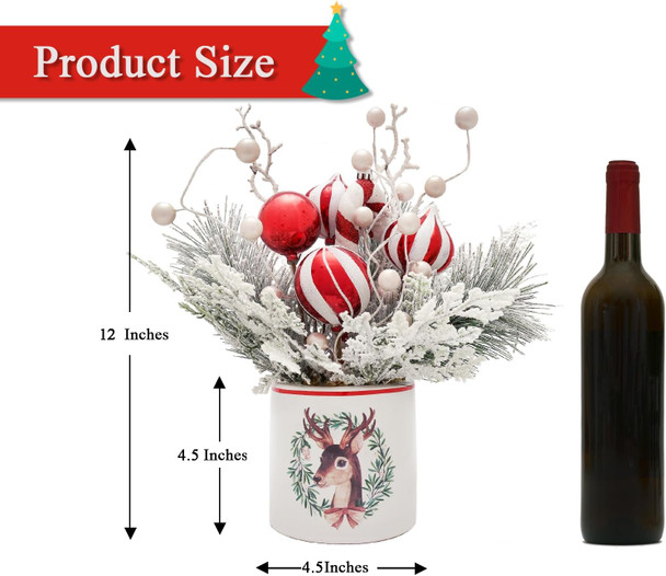 Plus tard Christmas Table Decor 12 Inches Ceramic Potted Snow Flocked Pine Needle White Berry Red Ornaments Decorative Holiday Tree Tabletop Xmas Centerpiece Decor