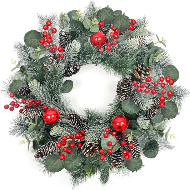 22 Inch Christmas Wreath Christmas Wreaths for Front Door Artificial Winter Wreath with Red Balls Holly Berries Pine Cones and Eucalyptus Leaves for Xmas Holiday Wall Fireplace Porch