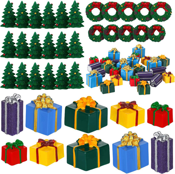 Poen 120 Pcs Christmas Miniature Ornaments Kit 50 Mini Christmas Trees Ornament 50 Christmas Resin Miniature Box and 20 Mini Green Christmas Wreaths Decorations for DIY Christmas Crafts