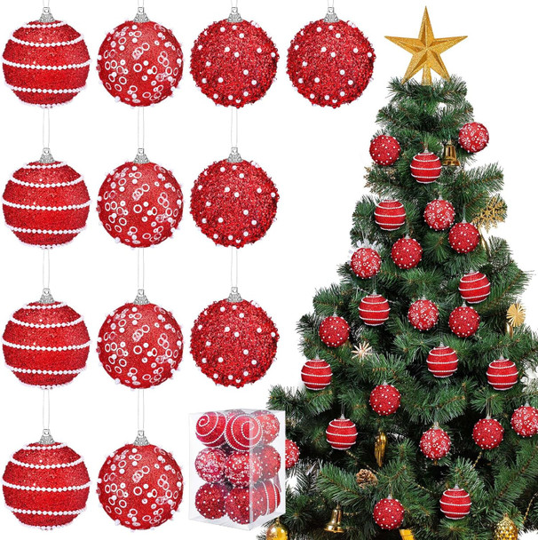Poen 12 Pcs Christmas Ball Ornaments 2.76 Inch Hanging Pearl Foam Christmas Tree Decorations Glitter Christmas Tree Ornaments Set for Wedding Party Tabletop Wreath Garland Decoration(Red)