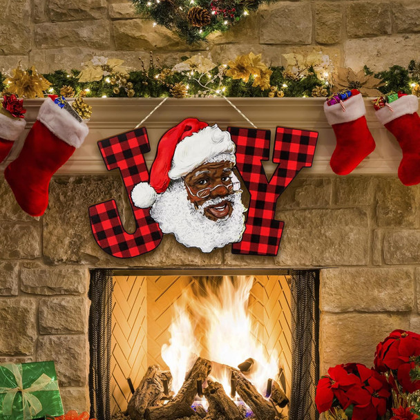 Black Santa African American Christmas Decorations Joy Letter Sign Red Buffalo Plaid Wood Joy Wall Hanging Xmas Wooden Letter Ornaments for Holiday Indoor Outdoor Home Decoration