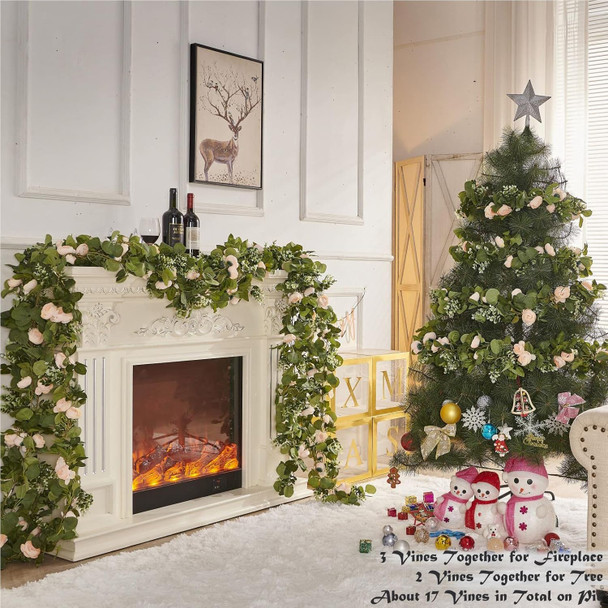 Flower Garland, Artificial Rose Vine Flowers with Green Leaves, Hanging Fake Roses Vine for Room Anniversary Wedding Birthday Christmas Wall Arch Decor, 2 Vines Champagne Floral Garland