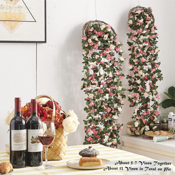 8 Pcs 66FT Flower Garland, Artificial Rose Vine Flowers with Green Leaves Hanging for Room, Anniversary Wedding Birthday Christmas Wall Arch Decor, Spring Pink Flower