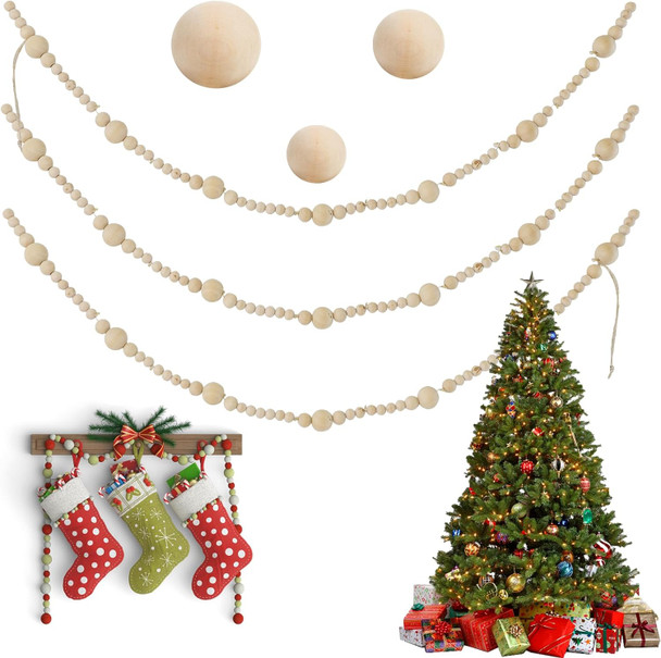 11.8 Feet Christmas Garland Christmas Tree Decorations, Boho Decoration Hanging Wooden Bead String Light, Bead Ornament String Garland for Christmas Thanksgiving Fireplace Mantel Birthday Party Decor